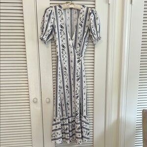 Reformation Floral Linen Wrap Maxi Dress - White and Blue